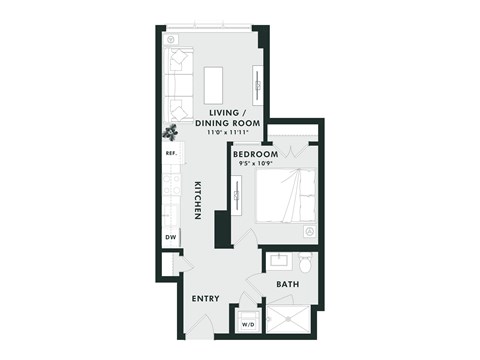 A floor plan of a small apartment with a bedroom, living/dining room, kitchen, bathroom, and entry.